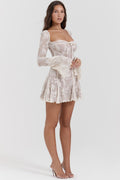 White Mini Dress with Corset Bodice and Long Sleeves