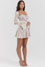 White Mini Dress with Corset Bodice and Long Sleeves
