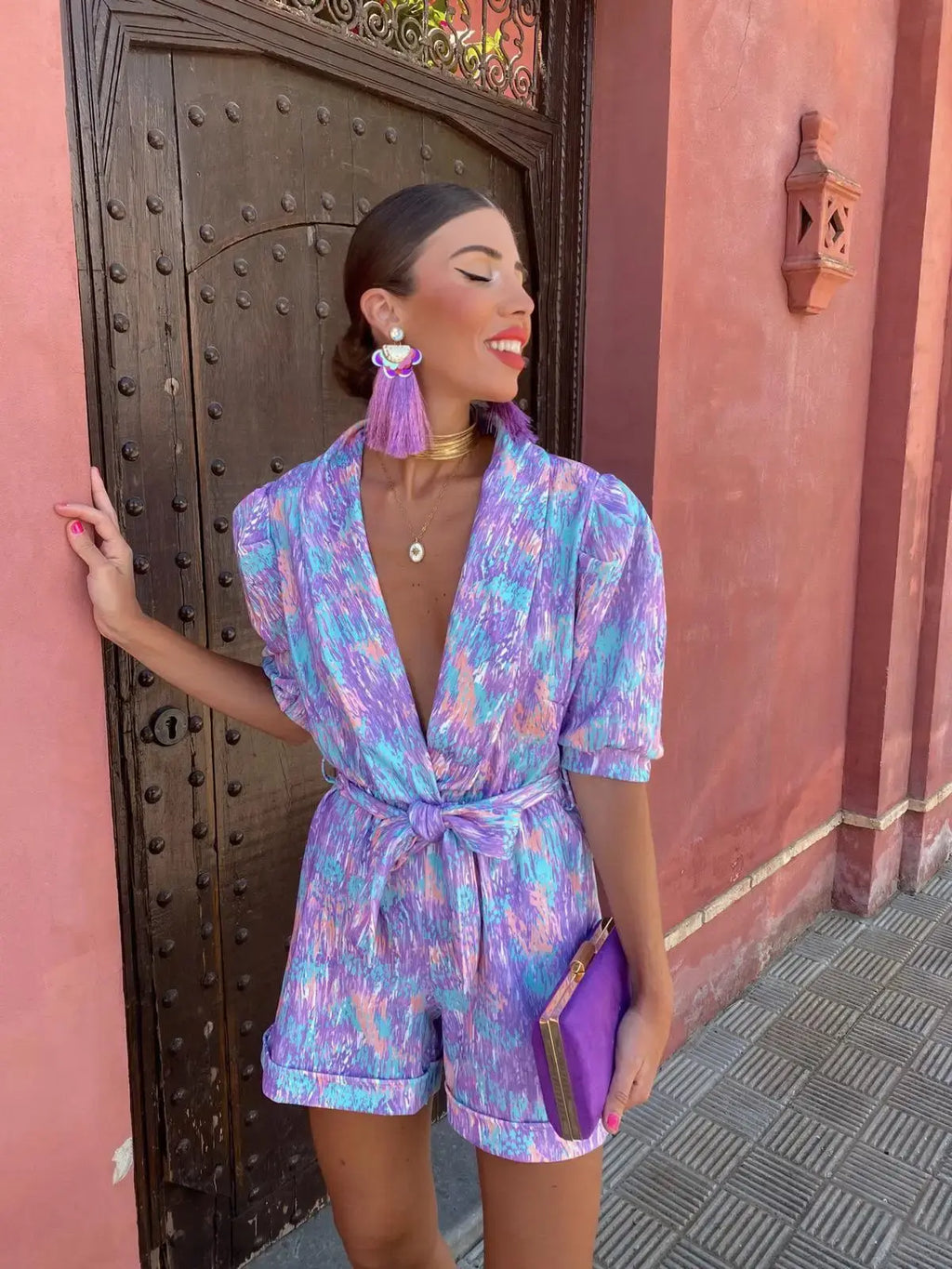 Women's Collared Wrap Playsuit with Belted Waist