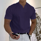 Men's Relaxed Mandarin Collar Shirt with V-Neck and Chest Pocket