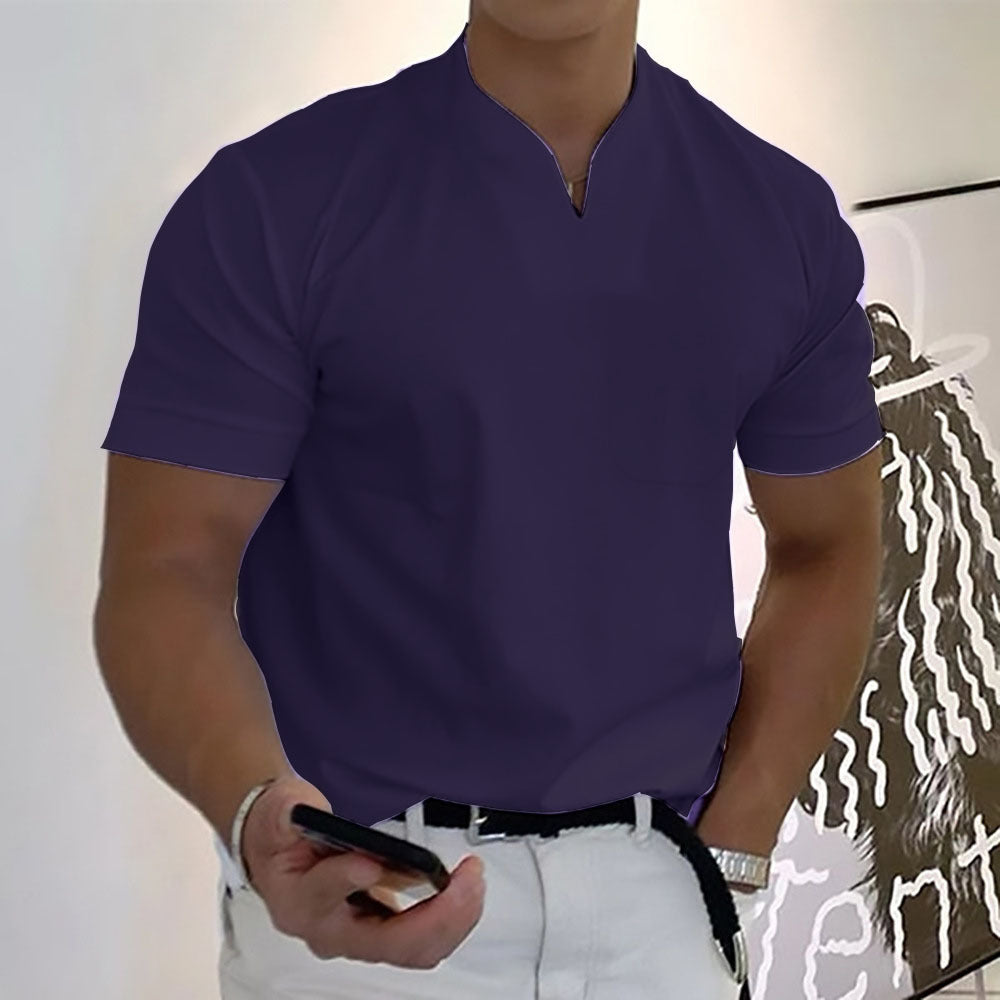 Men's Relaxed Mandarin Collar Shirt with V-Neck and Chest Pocket