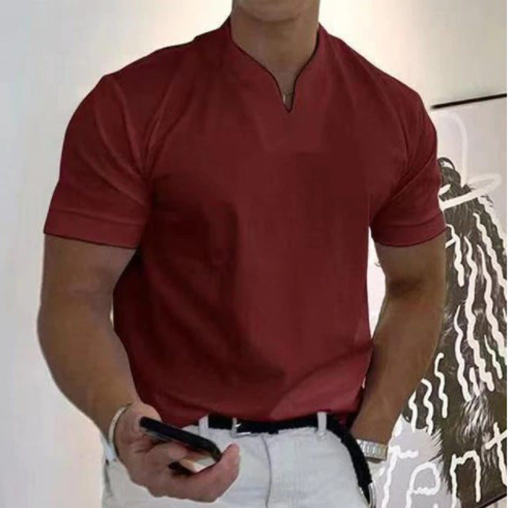 Men's Relaxed Mandarin Collar Shirt with V-Neck and Chest Pocket