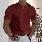 Men's Relaxed Mandarin Collar Shirt with V-Neck and Chest Pocket