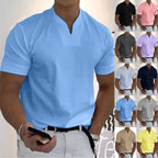 Men's Relaxed Mandarin Collar Shirt with V-Neck and Chest Pocket