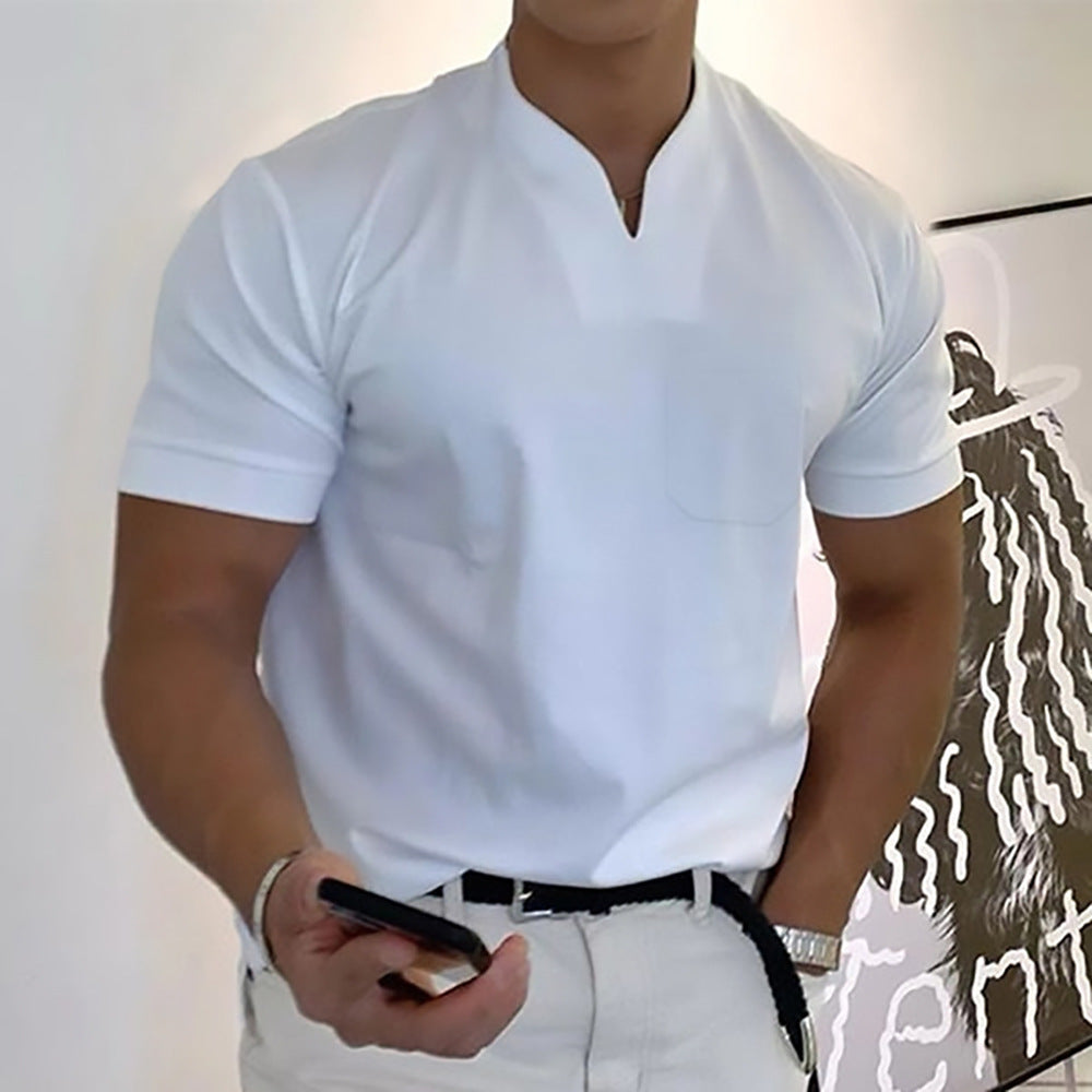 Men's Relaxed Mandarin Collar Shirt with V-Neck and Chest Pocket