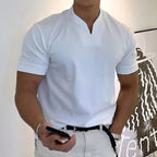 Men's Relaxed Mandarin Collar Shirt with V-Neck and Chest Pocket