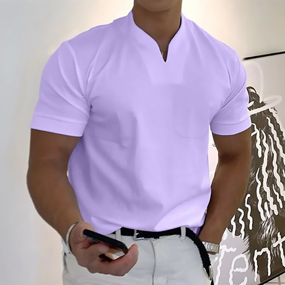 Men's Relaxed Mandarin Collar Shirt with V-Neck and Chest Pocket