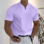 Men's Relaxed Mandarin Collar Shirt with V-Neck and Chest Pocket