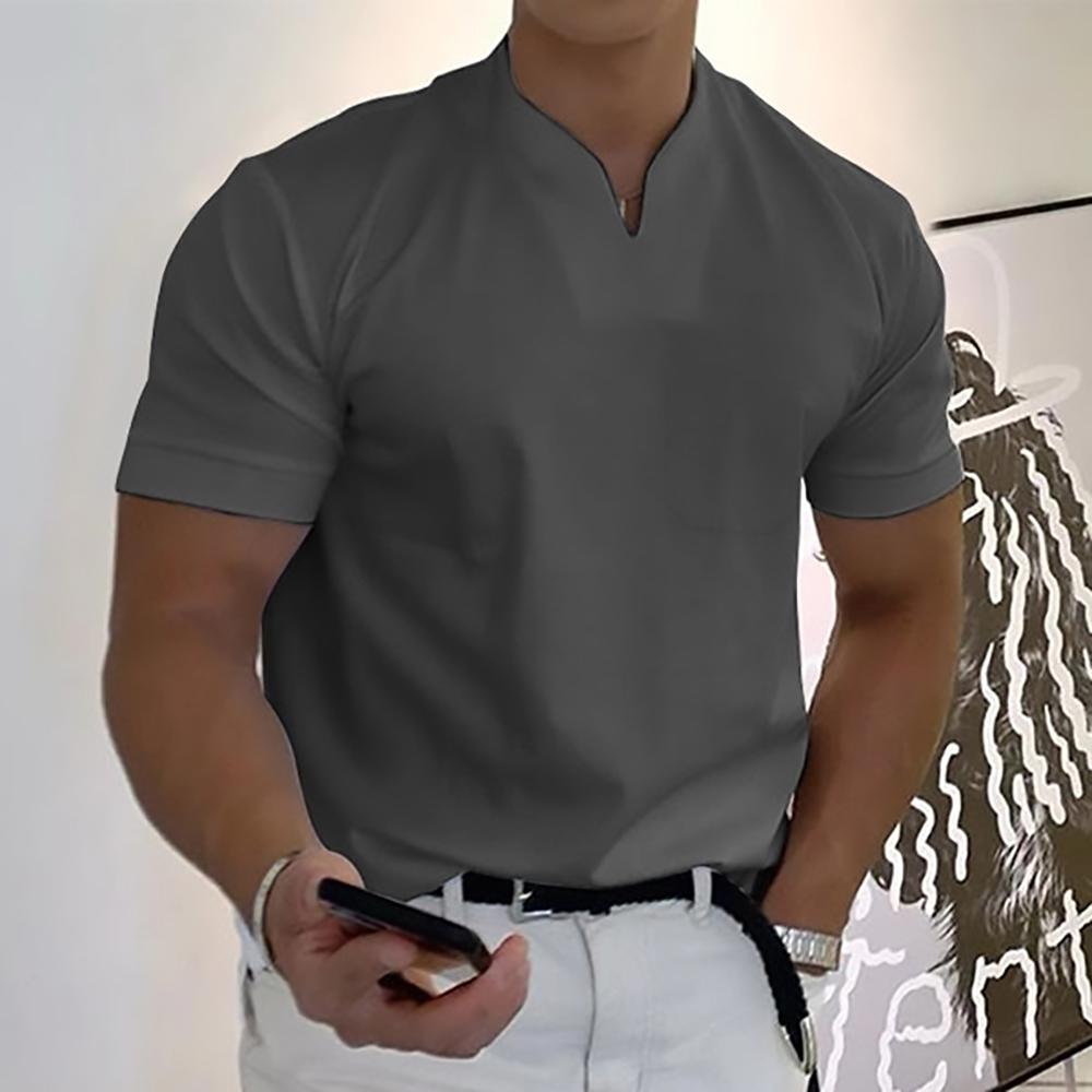 Men's Relaxed Mandarin Collar Shirt with V-Neck and Chest Pocket