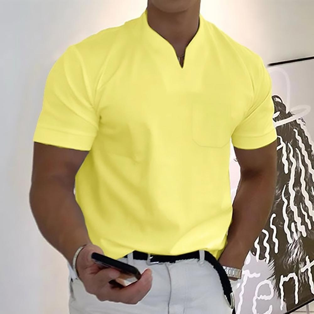Men's Relaxed Mandarin Collar Shirt with V-Neck and Chest Pocket