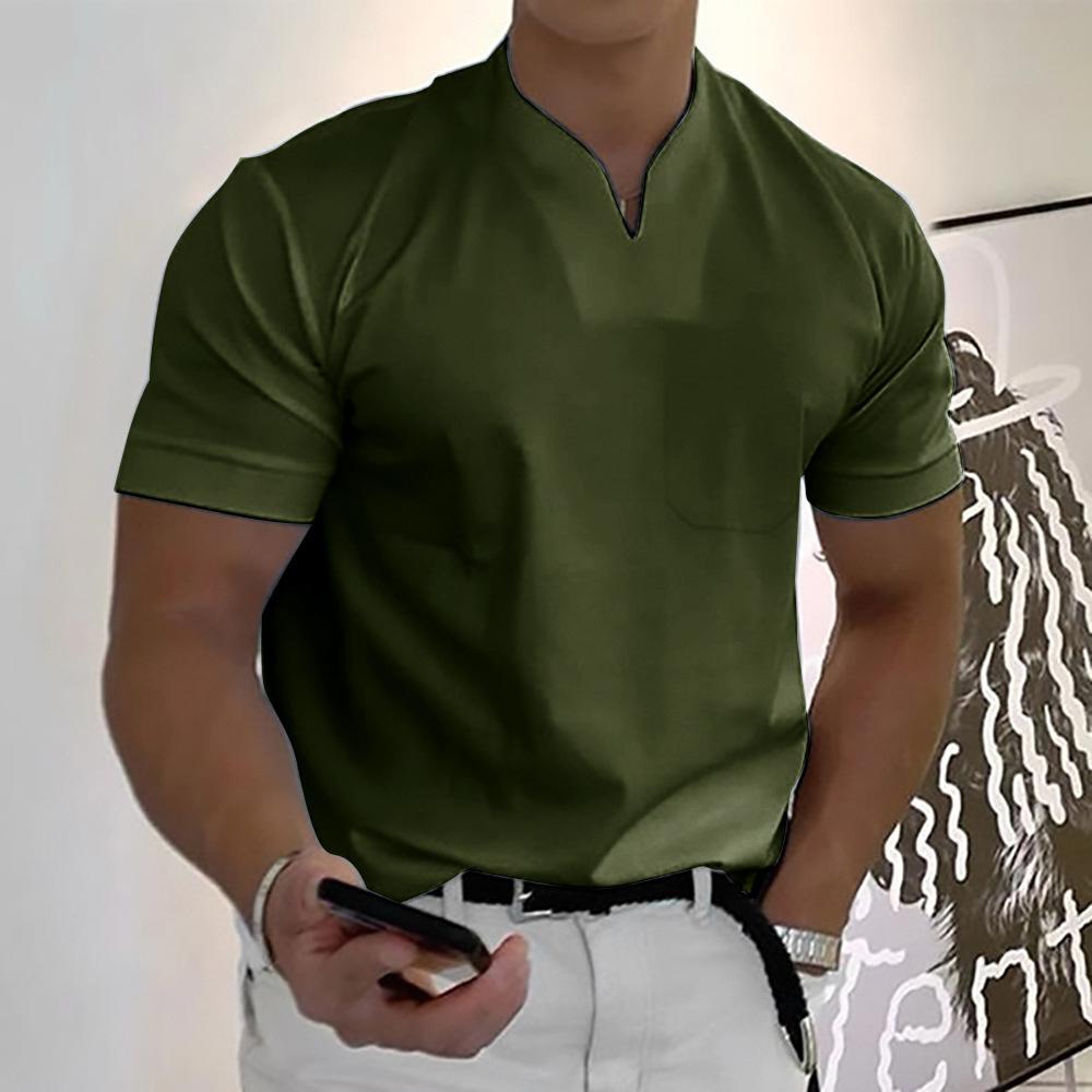 Men's Relaxed Mandarin Collar Shirt with V-Neck and Chest Pocket