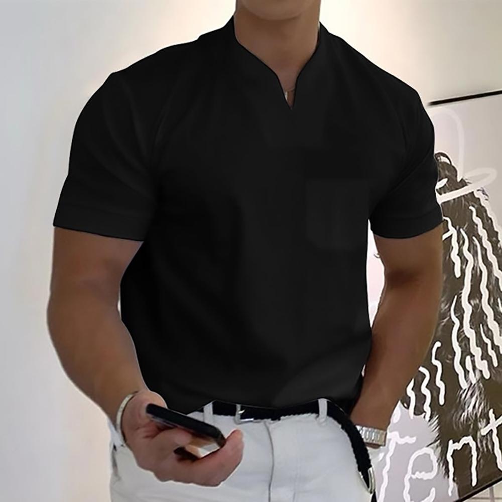 Men's Relaxed Mandarin Collar Shirt with V-Neck and Chest Pocket