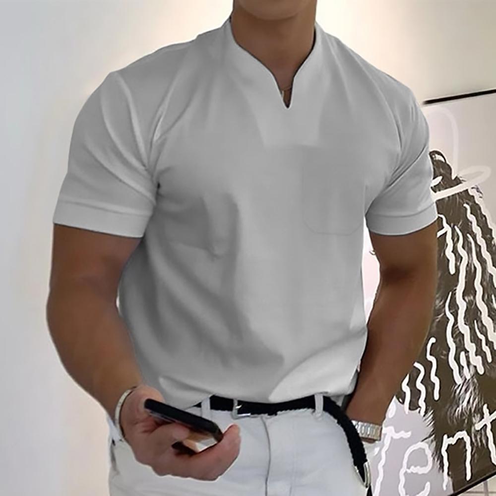 Men's Relaxed Mandarin Collar Shirt with V-Neck and Chest Pocket