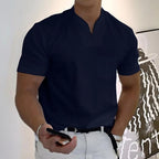 Men's Relaxed Mandarin Collar Shirt with V-Neck and Chest Pocket