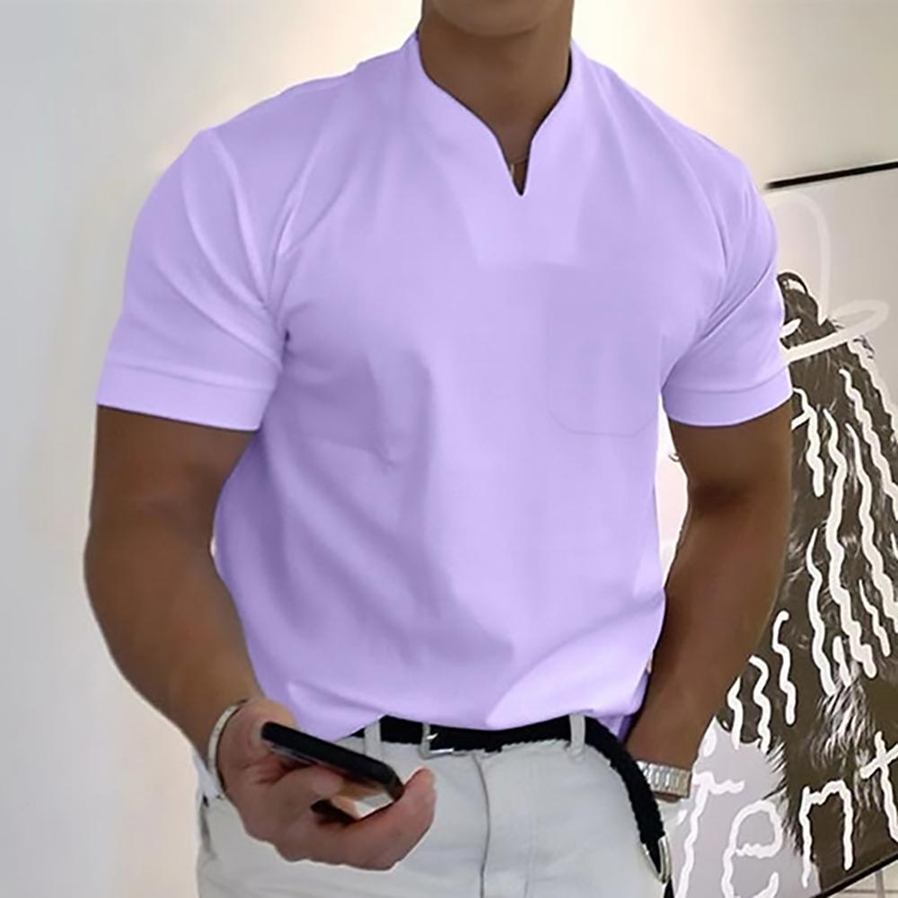 Men's Relaxed Mandarin Collar Shirt with V-Neck and Chest Pocket