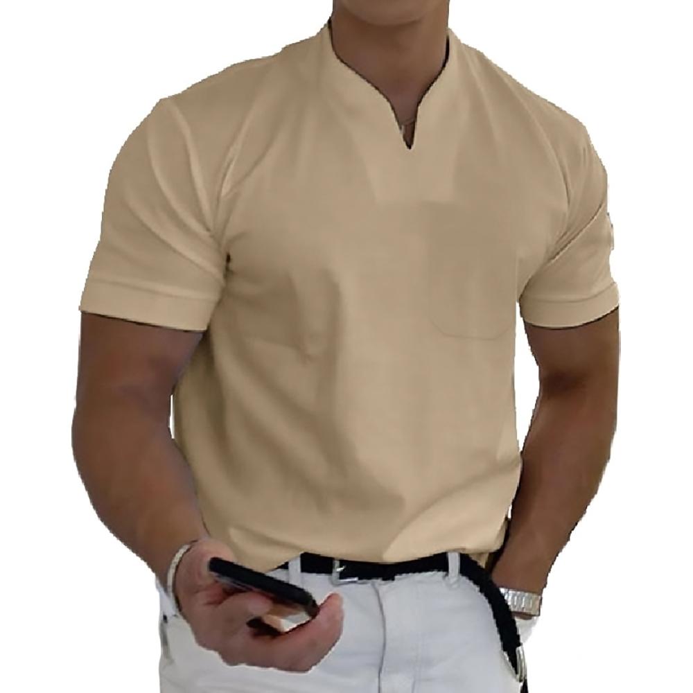 Men's Relaxed Mandarin Collar Shirt with V-Neck and Chest Pocket