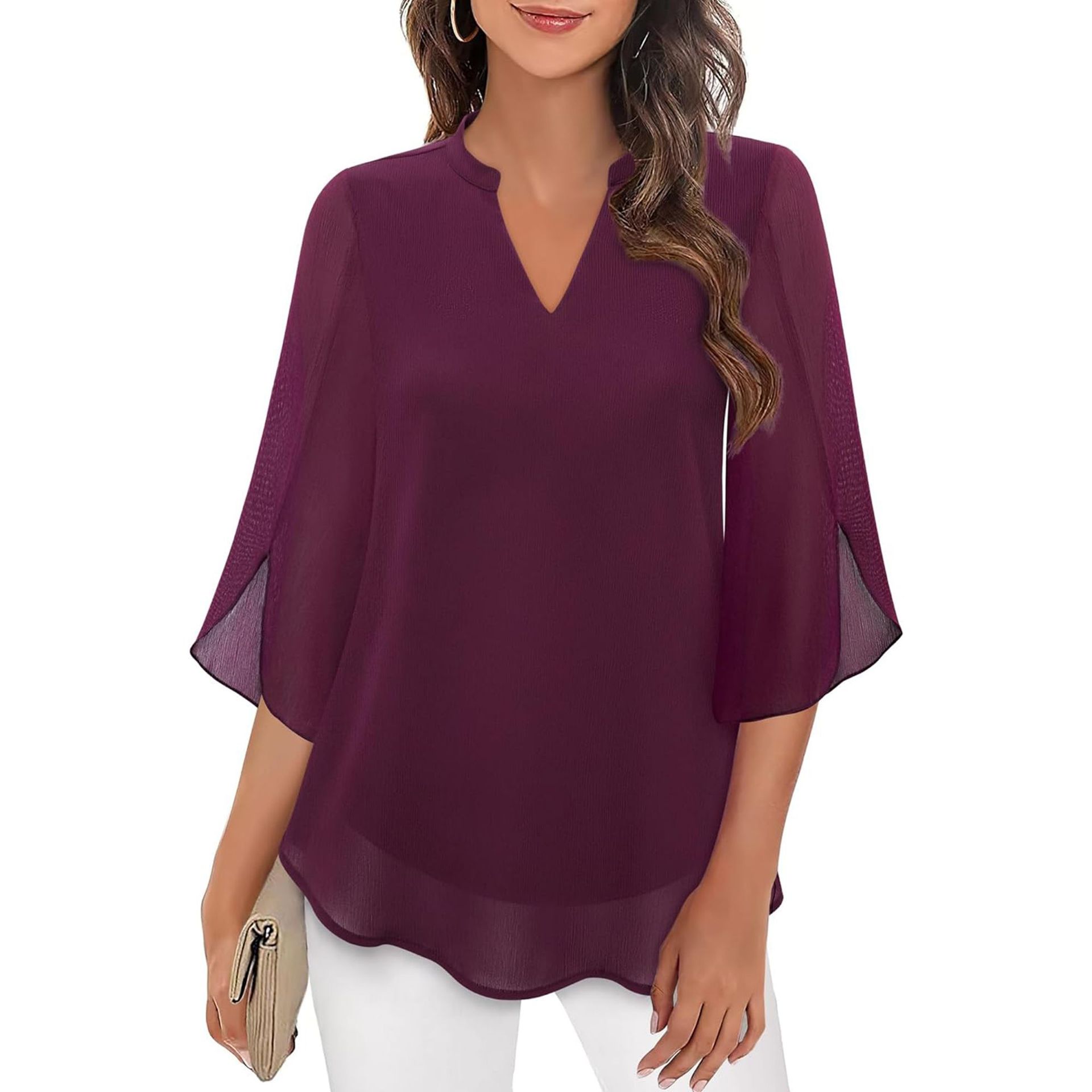 Women's Chiffon Blouse with V-Neck and Split Sleeves