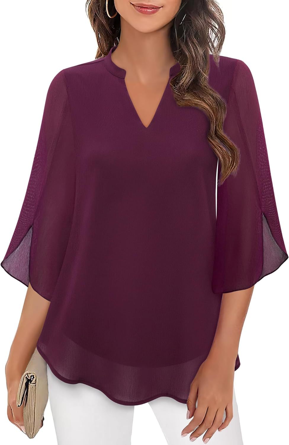 Women's Chiffon Blouse with V-Neck and Split Sleeves