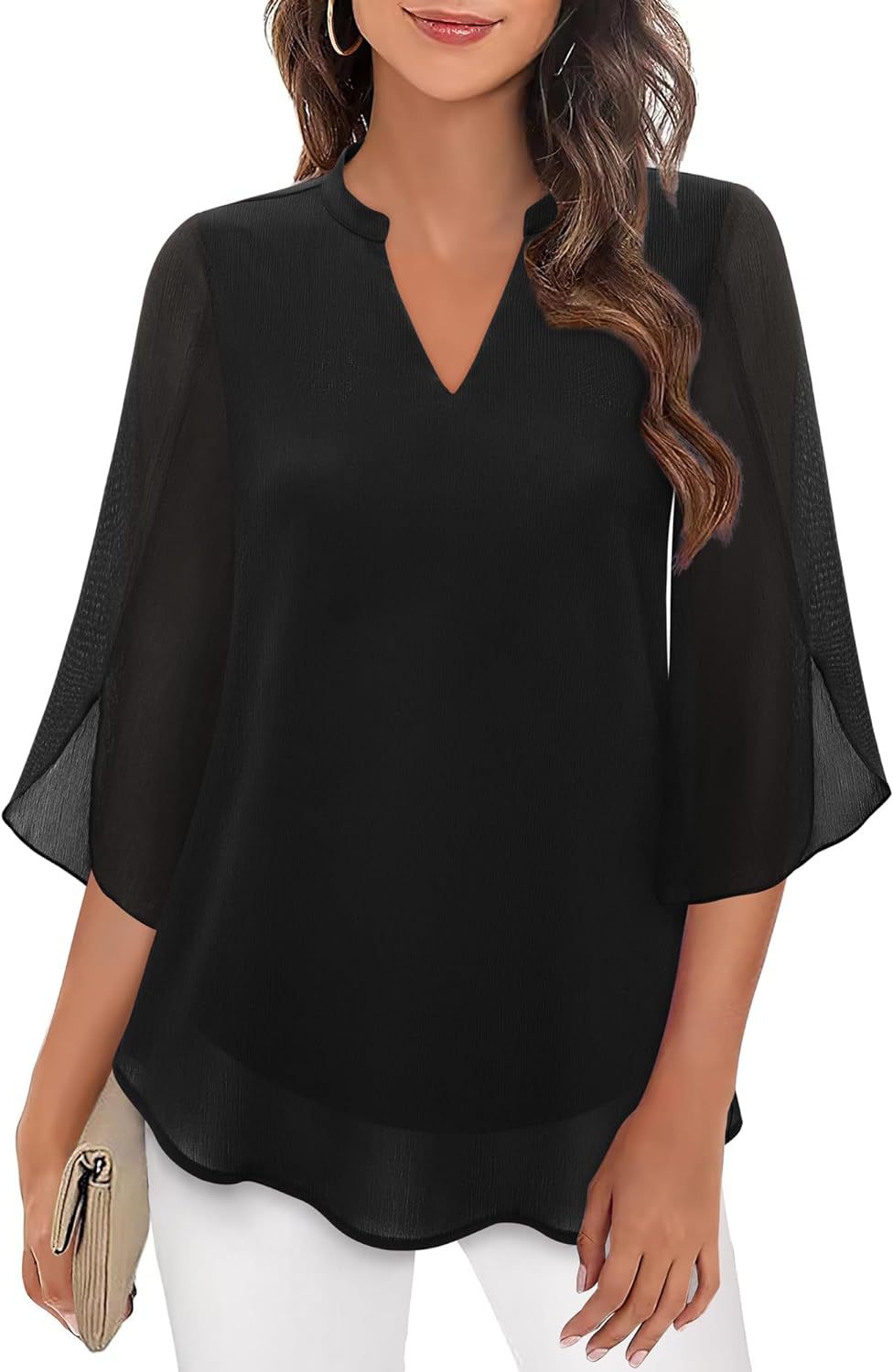 Women's Chiffon Blouse with V-Neck and Split Sleeves