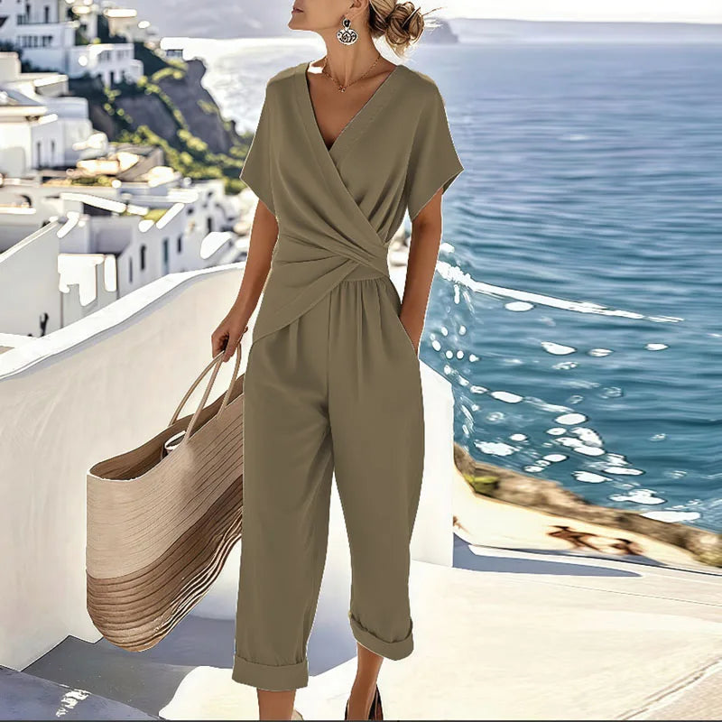 Women's Wrap-Front Two-Piece Set with Wide-Leg Trousers