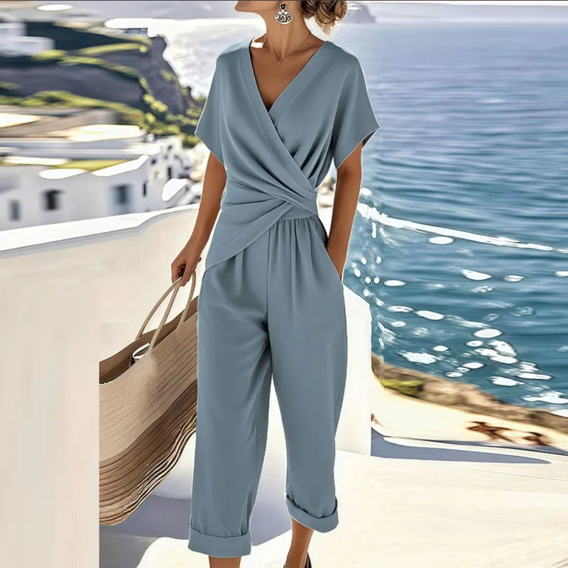 Women's Wrap-Front Two-Piece Set with Wide-Leg Trousers