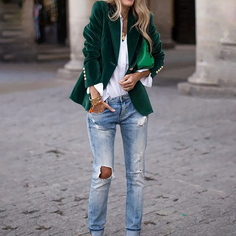 Women's Velvet-Texture Slim Blazer with Gold-Tone Button