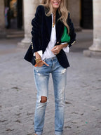 Women's Velvet-Texture Slim Blazer with Gold-Tone Button