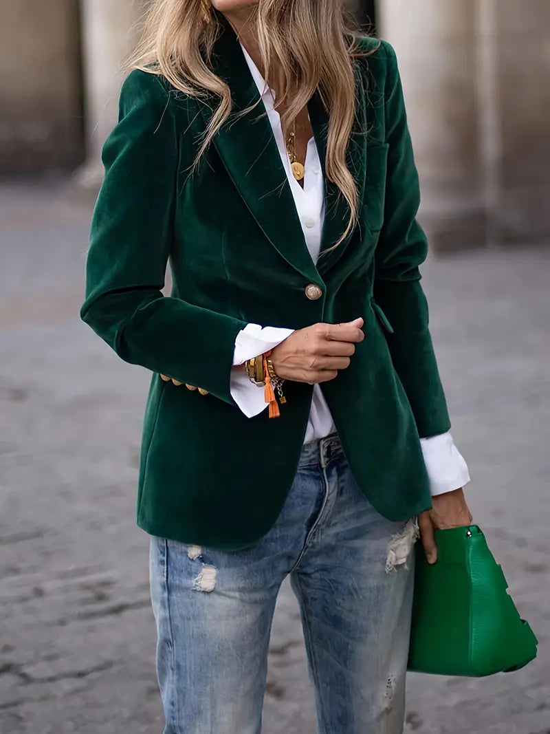 Women's Velvet-Texture Slim Blazer with Gold-Tone Button