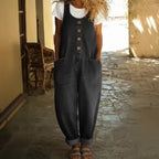 Women's Vintage Denim Sleeveless Jumpsuit with Button Front