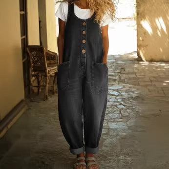Women's Vintage Denim Sleeveless Jumpsuit with Button Front