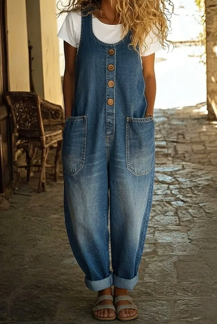 Women's Vintage Denim Sleeveless Jumpsuit with Button Front