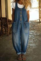 Women's Vintage Denim Sleeveless Jumpsuit with Button Front