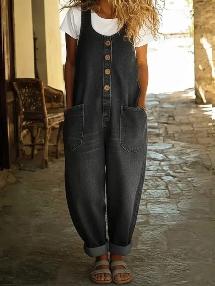 Women's Vintage Denim Sleeveless Jumpsuit with Button Front
