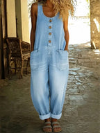 Women's Vintage Denim Sleeveless Jumpsuit with Button Front