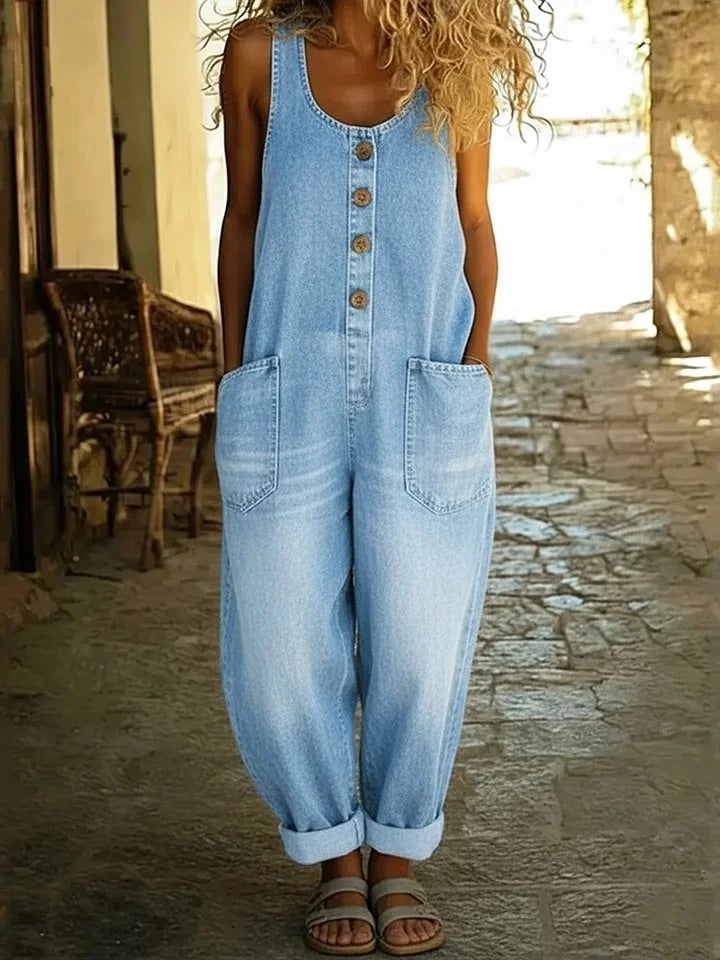 Women's Vintage Denim Sleeveless Jumpsuit with Button Front