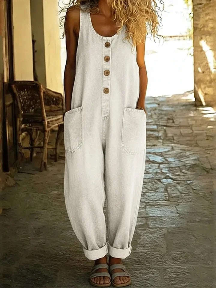 Women's Vintage Denim Sleeveless Jumpsuit with Button Front