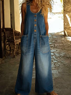 Women's Vintage Denim Sleeveless Jumpsuit with Button Front