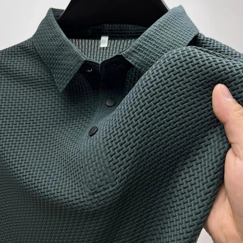 Men's Modern Waffle Knit Polo Shirt with Button Collar