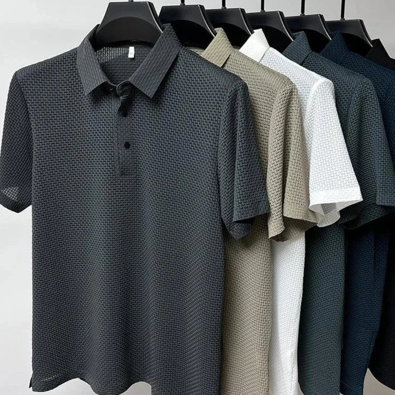 Men's Modern Waffle Knit Polo Shirt with Button Collar
