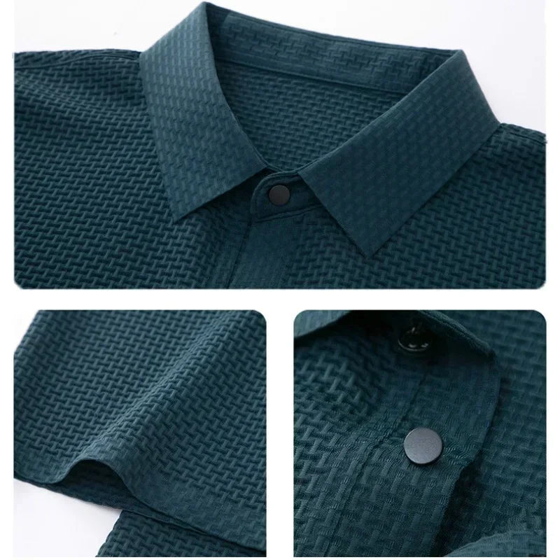 Men's Modern Waffle Knit Polo Shirt with Button Collar