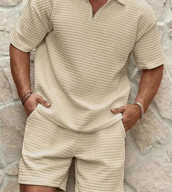 Men's Relaxed Waffle Knit Loungewear Set with Quarter-Zip