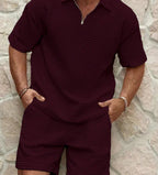 Men's Relaxed Waffle Knit Loungewear Set with Quarter-Zip