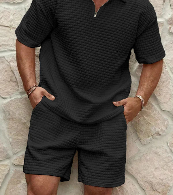 Men's Relaxed Waffle Knit Loungewear Set with Quarter-Zip
