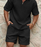 Men's Relaxed Waffle Knit Loungewear Set with Quarter-Zip