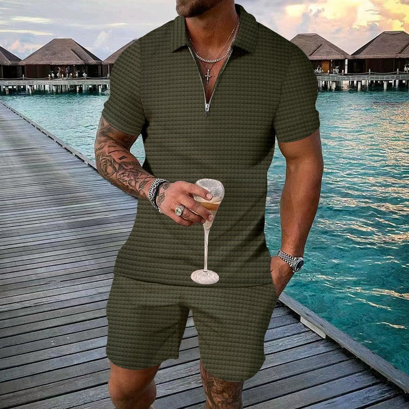 Men's Relaxed Waffle Knit Loungewear Set with Quarter-Zip