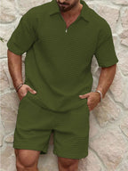 Men's Relaxed Waffle Knit Loungewear Set with Quarter-Zip