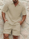 Men's Relaxed Waffle Knit Loungewear Set with Quarter-Zip