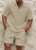 Men's Relaxed Waffle Knit Loungewear Set with Quarter-Zip