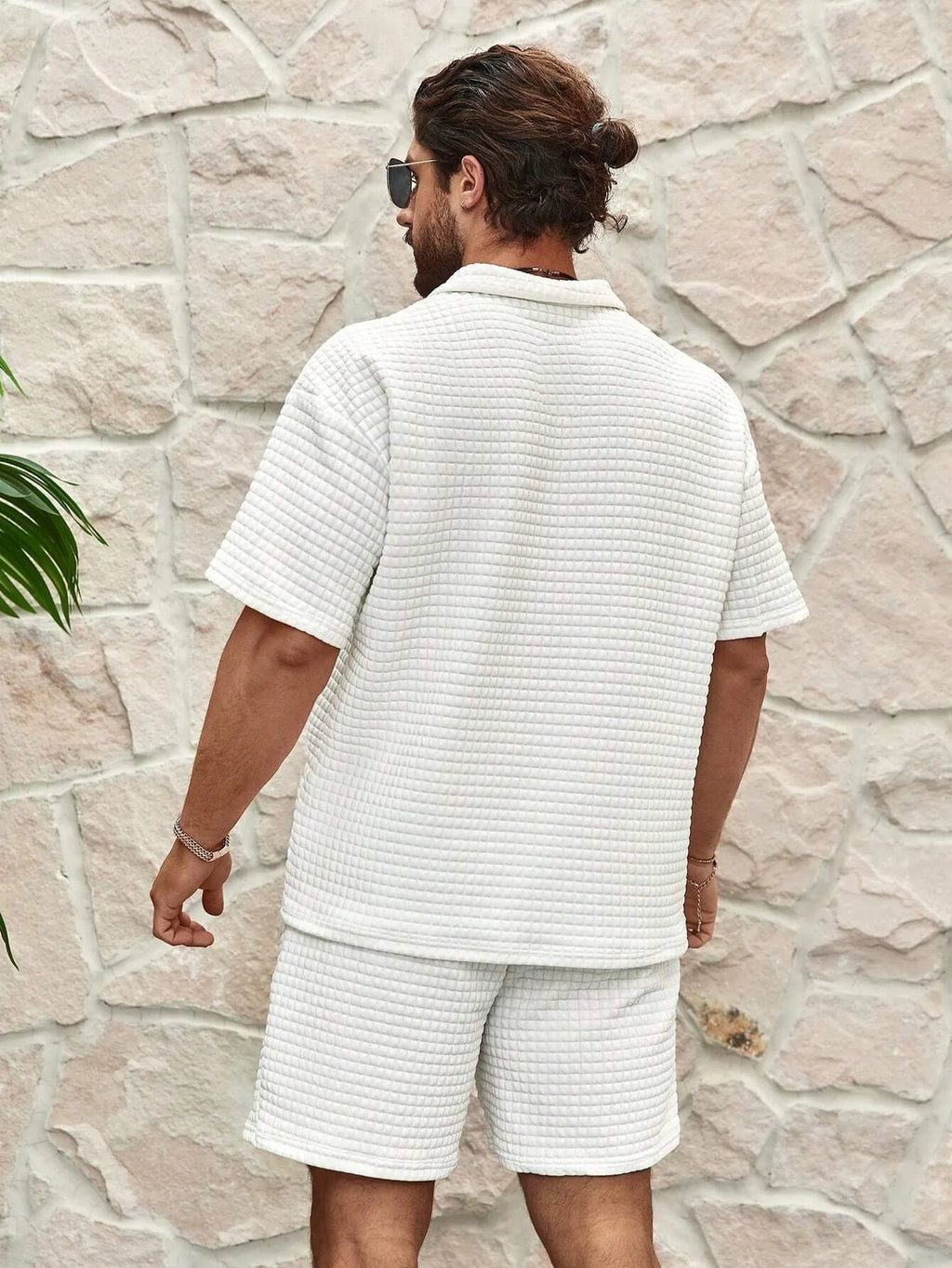 Men's Relaxed Waffle Knit Loungewear Set with Quarter-Zip