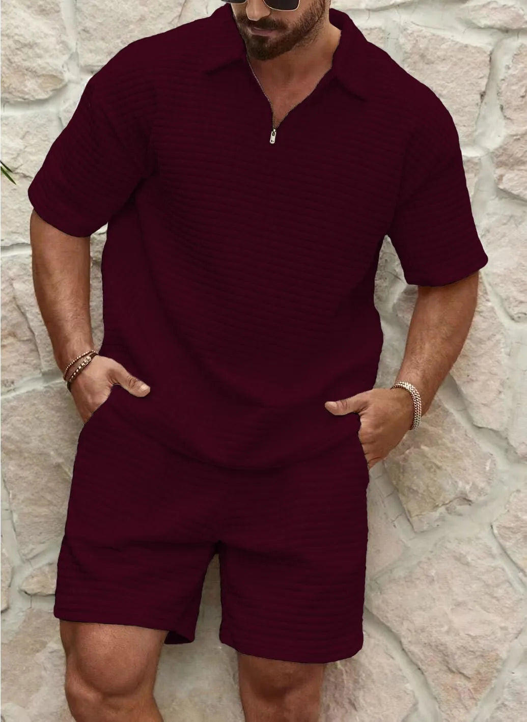 Men's Relaxed Waffle Knit Loungewear Set with Quarter-Zip